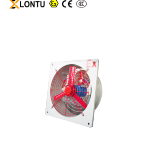 Front oblique view LONTU square Explosion Proof Axial Exhaust Fan, white square casing with red EX marking, red safety wire mesh & impeller, with Ex, CE, CCC certification logo