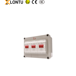 Front oblique view LONTU 3P three-way Explosion Proof MCB Distribution Box, cast aluminum flameproof casing with EX logo, Ex CE CCC certification