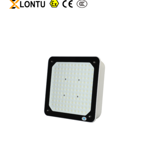 Front oblique view LONTU square Explosion Proof LED Ceiling Light, grey cast aluminum flameproof housing with dense SMD LED, Ex CE CCC certified