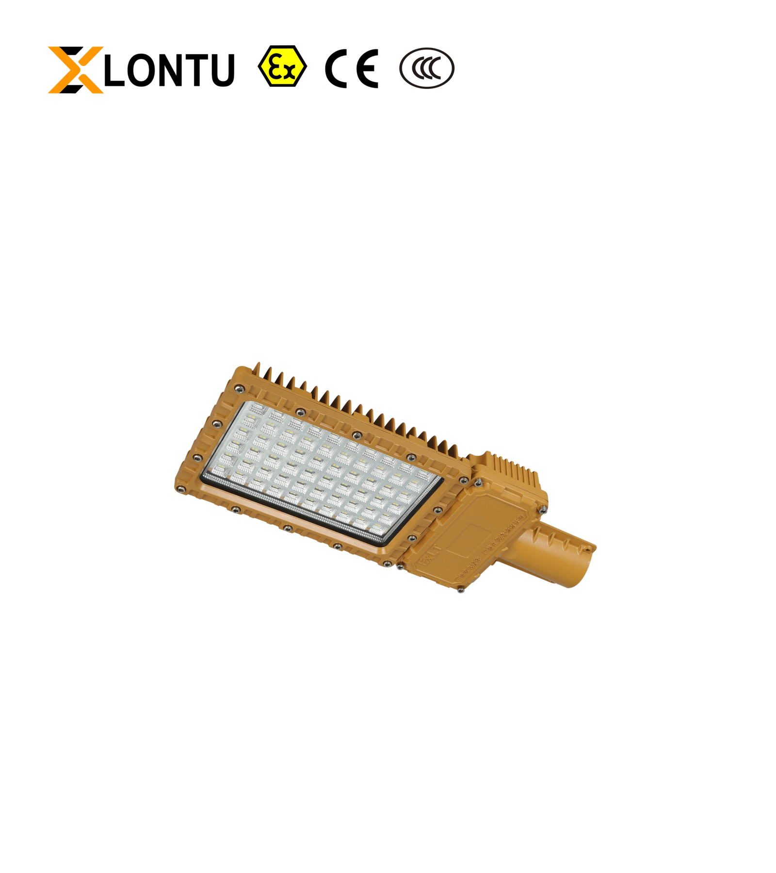 Front oblique view LONTU yellow rectangular Explosion Proof LED Street Light, fin-type heat sink, integrated driver compartment, Ex CE CCC certified