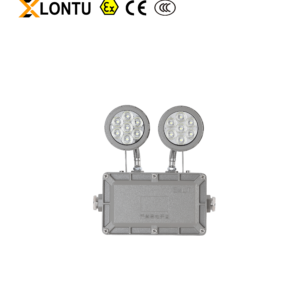 Front view LONTU dual-head Explosion Proof Emergency LED Light, die-cast aluminum flameproof housing with two adjustable lamp heads, Ex CE CCC certified