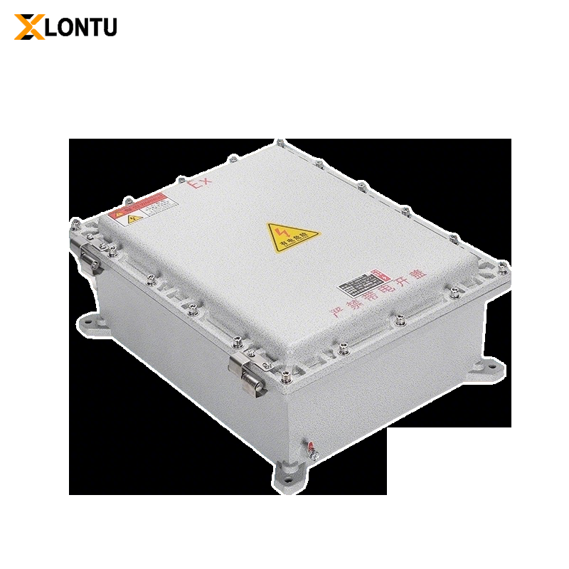Top oblique view LONTU die-cast aluminum Explosion Proof Junction & Distribution Box, red EX mark, high voltage warning sticker, Chinese warning No opening with power on, hinge lock & mounting feet, Ex CE CCC certified