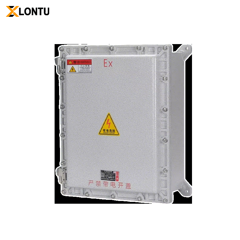 Front view LONTU die-cast aluminum Explosion Proof Distribution Box, EX logo, high-voltage warning labels, text of No opening with power on, side mounting lugs, Ex CE CCC certified
