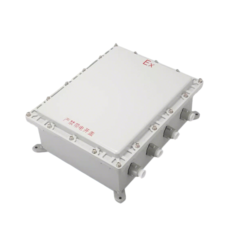 Front oblique view LONTU die-cast aluminum Explosion Proof Junction Box, EX marking and Chinese warning text, multiple cable glands, wall mounting lugs, Ex CE CCC certified
