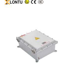 Front oblique view LONTU aluminum Explosion Proof Junction Box, die-cast alloy flameproof enclosure with EX marking & high voltage warning sticker, Ex CE CCC certified