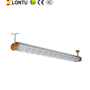 Side hanging view LONTU long strip Explosion Proof LED Fluorescent Lamp, yellow cast aluminum end caps, transparent PC lampshade with metal guard frame, Ex CE CCC certified