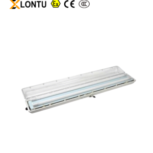 Front oblique view LONTU Explosion Proof Fluorescent Purification Light, long strip white housing with transparent PC cover, double-tube fluorescent, Ex CE CCC certified