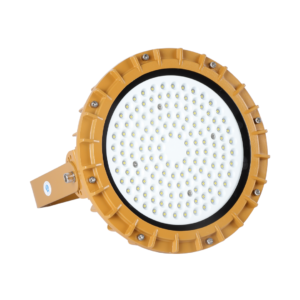 Front top view Round LED Explosion Proof High Bay Light, amber die-cast aluminum flameproof housing with side mounting bracket, dense SMD LED lamp array
