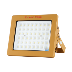 Front diagonal view Exdemb II BT6 LED Explosion Proof Flood Light, amber aluminum housing with adjustable mounting bracket, SMD modular LED lamp