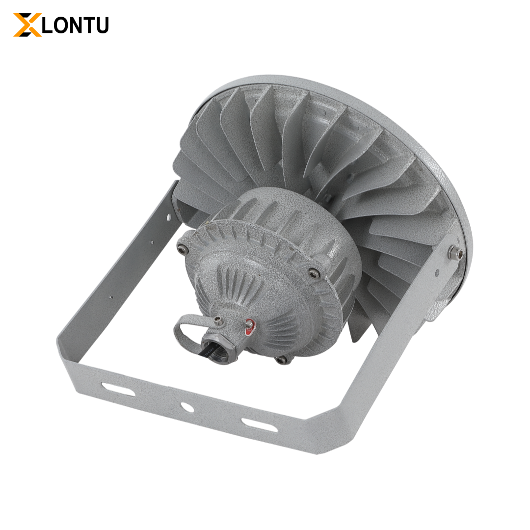 Back diagonal view 100W LED Explosion Proof High Bay Light, gray fin-type heat sink aluminum housing with U-shaped adjustable mounting bracket