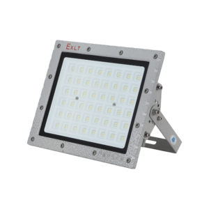 Diagonal side view LED Explosion Proof Flood Light, gray crack finish die-cast aluminum housing with adjustable mounting bracket, red EXLT marking SMD LED lamp