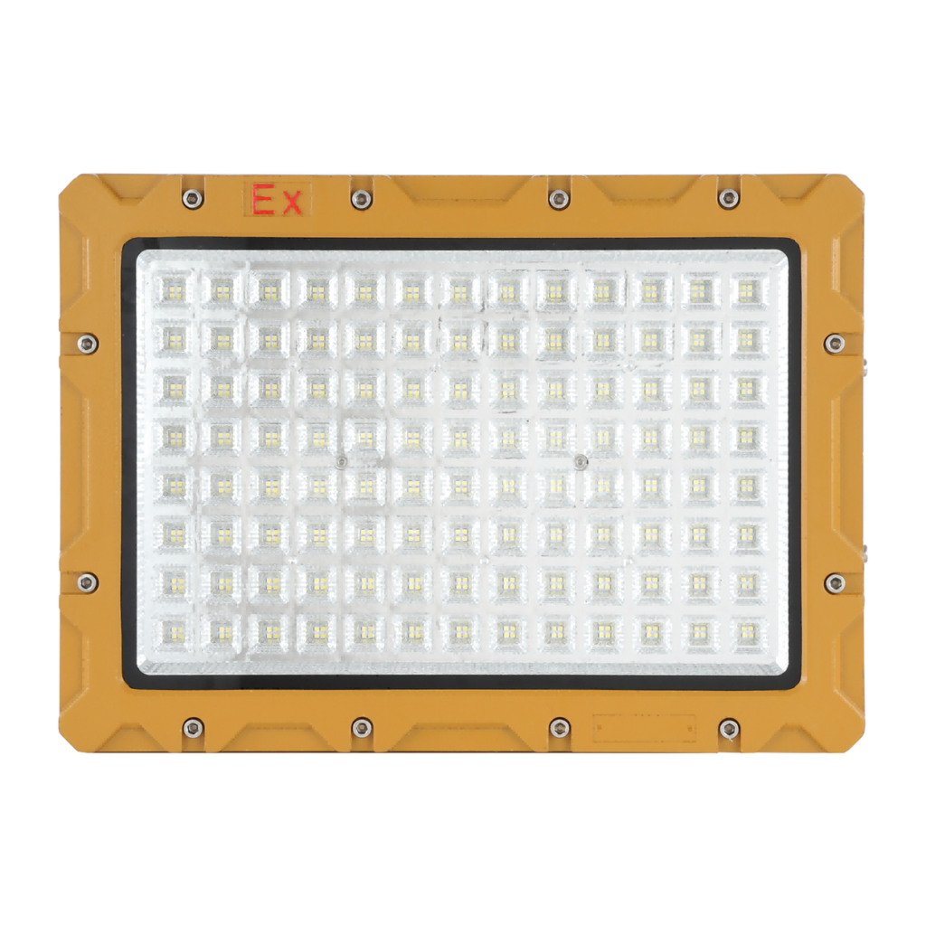 Front flat view 200W Square LED Explosion Proof Flood Light, amber die-cast aluminum flameproof housing with red EX marking, modular lens LED array