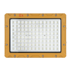 Front flat view 200W Square LED Explosion Proof Flood Light, amber die-cast aluminum flameproof housing with red EX marking, modular lens LED array