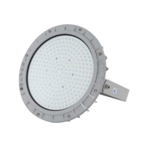 Diagonal side view 200W LED Explosion Proof High Bay Light, gray die-cast aluminum housing with mounting bracket, SMD LED array industrial explosion lamp