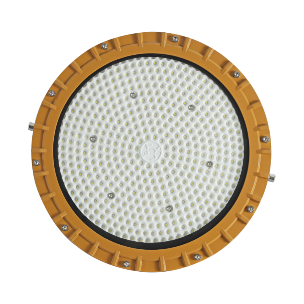 Top front flat view 300W LED Explosion Proof High Bay Light, amber die-cast aluminum housing, honeycomb LED lamp panel for chemical mine workshop