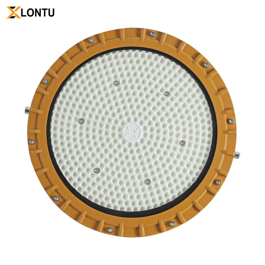 Top front flat view 300W LED Explosion Proof High Bay Light, amber die-cast aluminum housing, honeycomb LED lamp panel for chemical mine workshop
