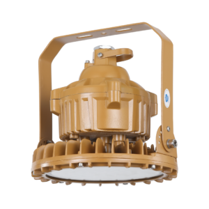 Side oblique view Round LED Explosion Proof High Bay Lamp, amber die-cast aluminum fin heat sink housing with adjustable U mounting bracket