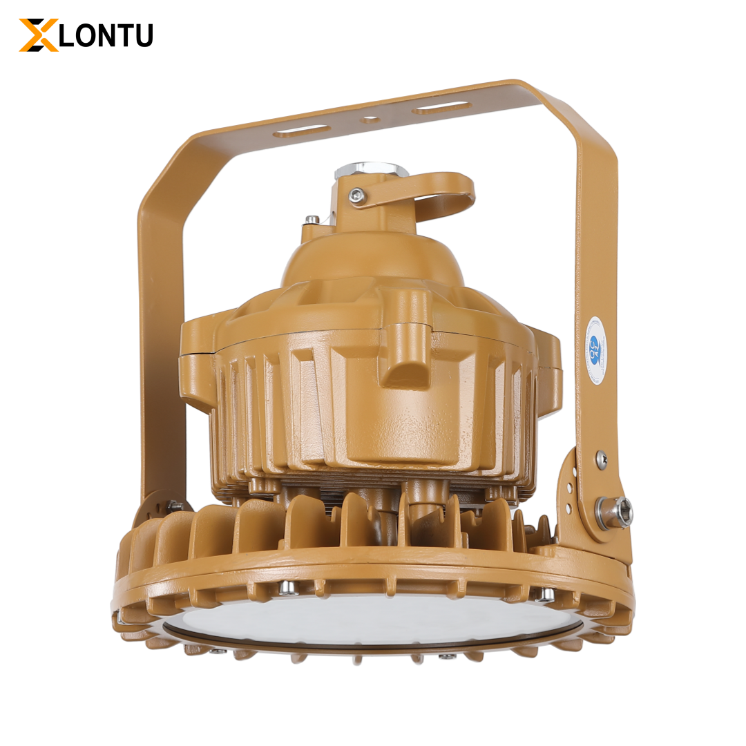 Side oblique view Round LED Explosion Proof High Bay Lamp, amber die-cast aluminum fin heat sink housing with adjustable U mounting bracket
