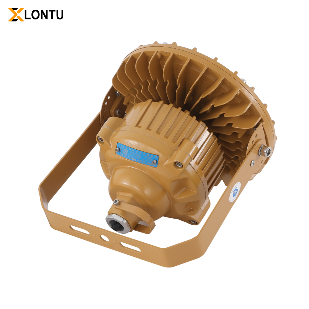 Rear diagonal view Round LED Explosion Proof High Bay Light, amber fin heat dissipation aluminum housing with U-type adjustable mounting bracket