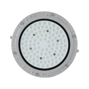 Front flat view Round EXLT LED Explosion Proof High Bay Lamp, gray textured aluminum flameproof housing, circular SMD LED panel