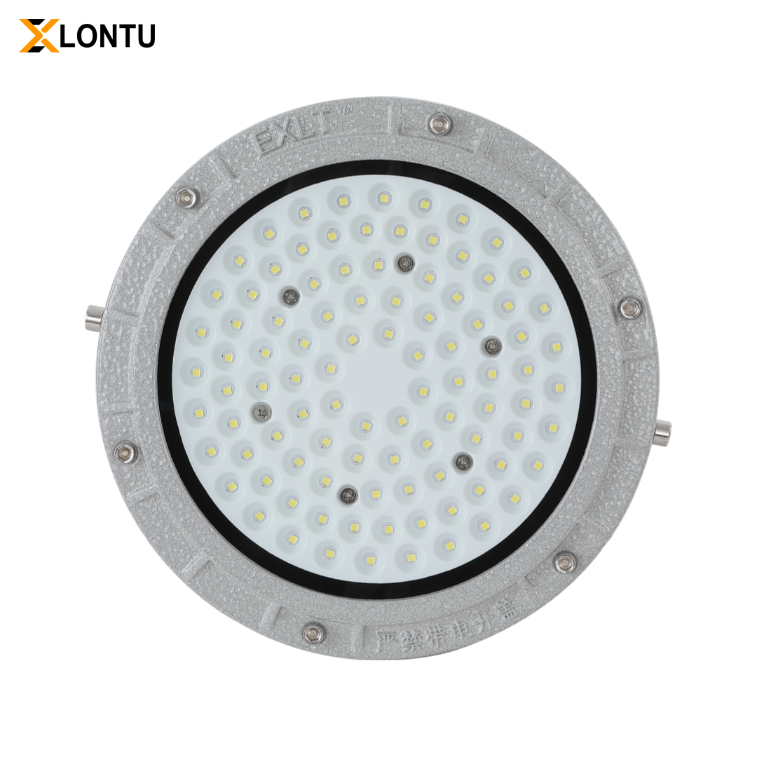 Front flat view Round EXLT LED Explosion Proof High Bay Lamp, gray textured aluminum flameproof housing, circular SMD LED panel