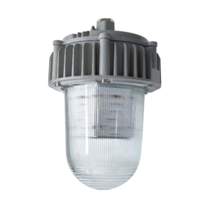 Front upright full view ATEX Explosion Proof LED Tri-Proof Light, vertical standard front shot of die-cast aluminum industrial anti-explosion lamp with ribbed PC cover
