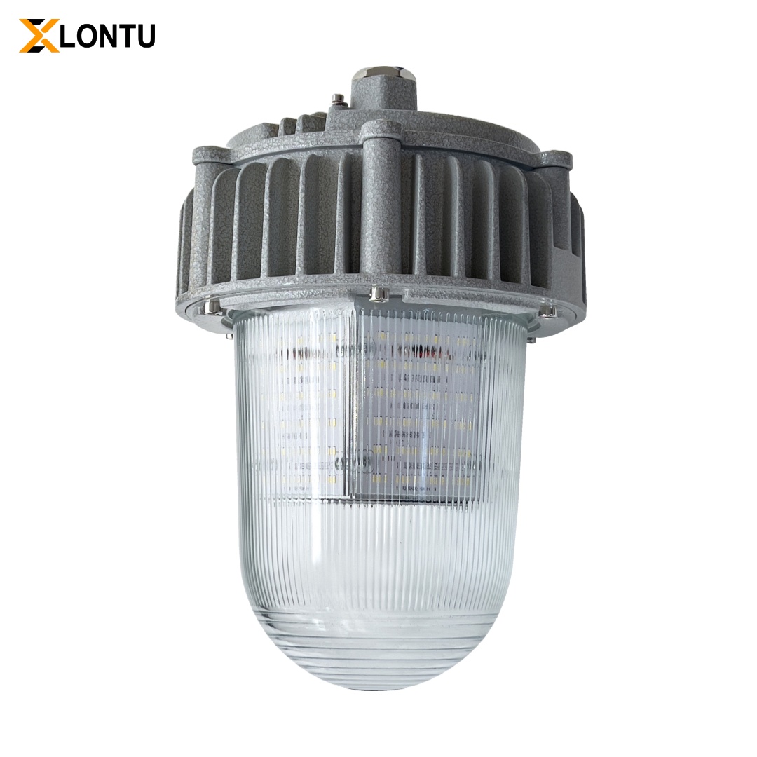 Front upright full view ATEX Explosion Proof LED Tri-Proof Light, vertical standard front shot of die-cast aluminum industrial anti-explosion lamp with ribbed PC cover