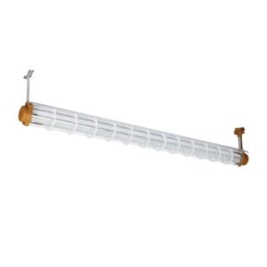LONTU ATEX IECEx certified explosion proof fluorescent linear light fixture with protective wire guard, suspended mounting design for hazardous industrial zone 1 and zone 2 locations