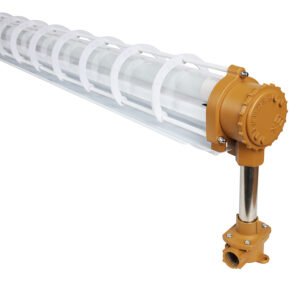 LONTU ATEX IECEx certified explosion proof fluorescent linear light fixture with protective wire guard, suspended mounting design for hazardous industrial zone 1 and zone 2 locations