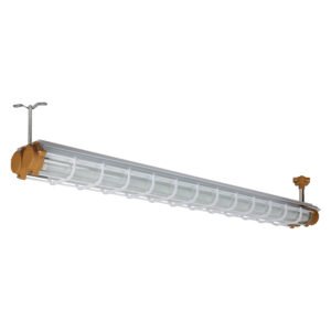 LONTU ATEX IECEx certified explosion proof fluorescent linear light fixture with protective wire guard, suspended mounting design for hazardous industrial zone 1 and zone 2 locations