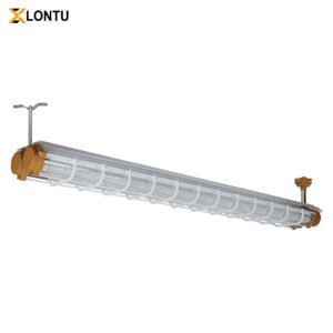 LONTU ATEX IECEx certified explosion proof fluorescent linear light fixture with protective wire guard, suspended mounting design for hazardous industrial zone 1 and zone 2 locations
