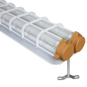 LONTU ATEX IECEx certified explosion proof fluorescent linear light fixture with protective wire guard, suspended mounting design for hazardous industrial zone 1 and zone 2 locations