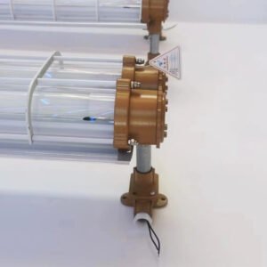 LONTU ATEX IECEx certified explosion proof fluorescent linear light fixture with protective wire guard, suspended mounting design for hazardous industrial zone 1 and zone 2 locations