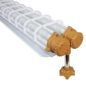LONTU ATEX IECEx certified explosion proof fluorescent linear light fixture with protective wire guard, suspended mounting design for hazardous industrial zone 1 and zone 2 locations