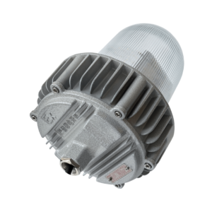 Diagonal rear side view ATEX Explosion Proof LED Tri-Proof Light, cast aluminum heat sink housing and cable inlet detail for hazardous area industrial lamp