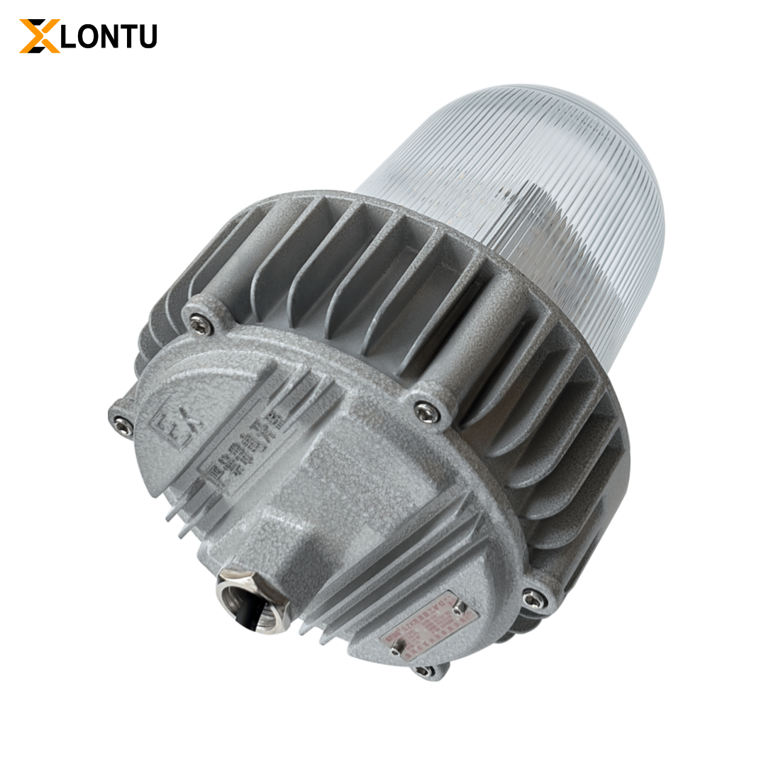 Diagonal rear side view ATEX Explosion Proof LED Tri-Proof Light, cast aluminum heat sink housing and cable inlet detail for hazardous area industrial lamp