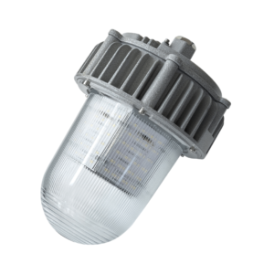 Diagonal tilt full view ATEX Explosion Proof LED Tri-Proof Light, grey die-cast aluminum heat sink & ribbed PC lampshade industrial anti-explosion lamp