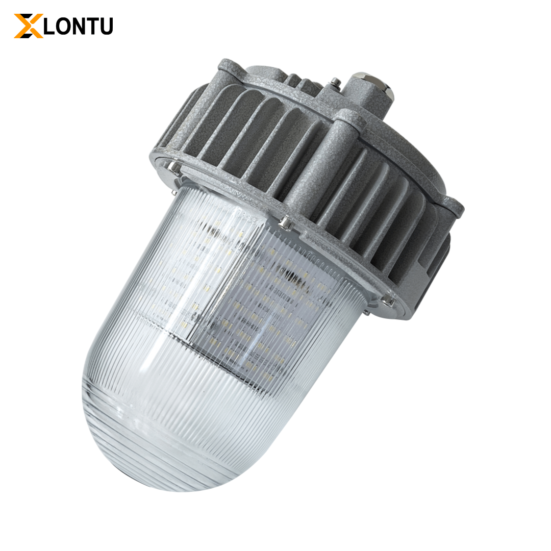 Diagonal tilt full view ATEX Explosion Proof LED Tri-Proof Light, grey die-cast aluminum heat sink & ribbed PC lampshade industrial anti-explosion lamp