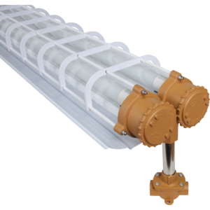 Partial close-up end view ATEX Explosion Proof Double Tube Fluorescent Light, end terminal & metal guard detail with pipe mounting base