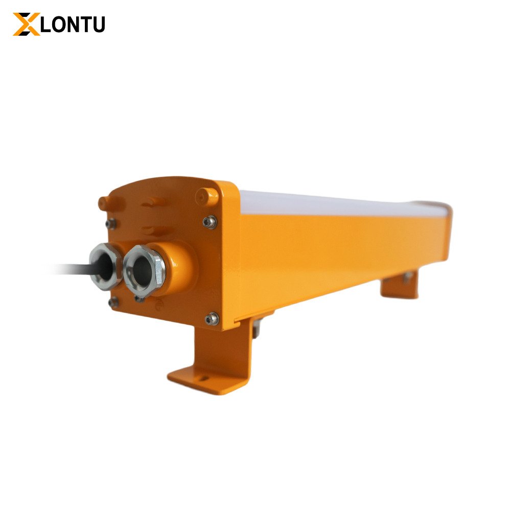 LONTU Explosion Proof Bracket Linear Light with safety wire guard, suspended mounting, ATEX IECEx certified hazardous zone fluorescent lamp for chemical mining warehouse