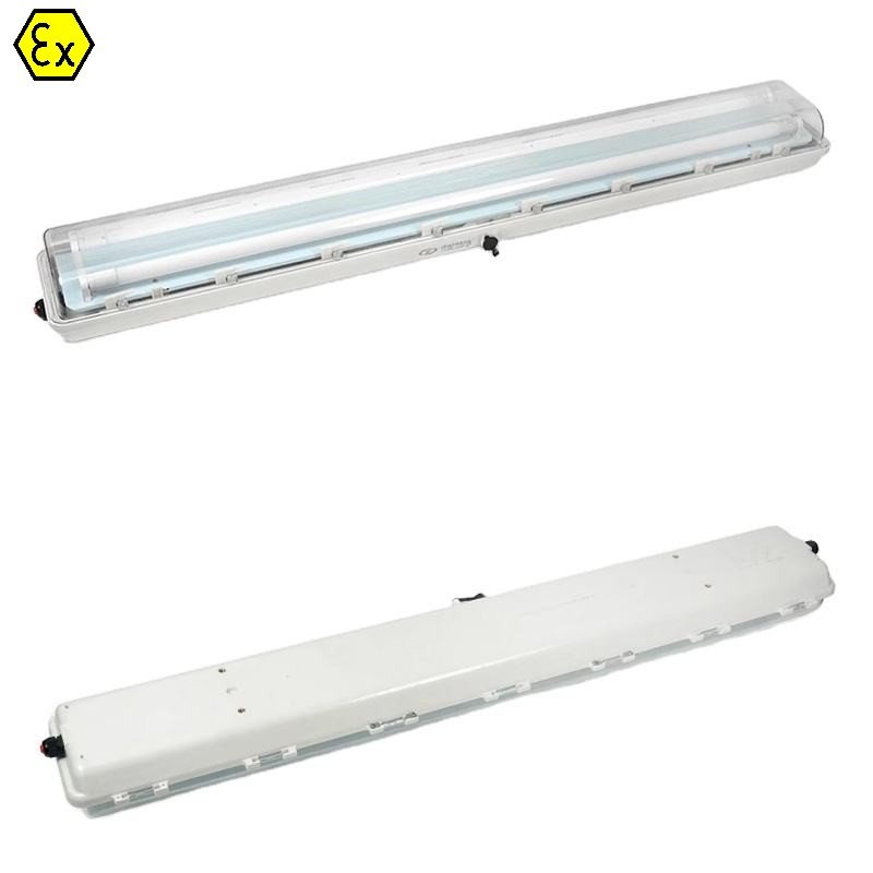 Dual-sided front & rear view ATEX Explosion Proof Full Plastic Fluorescent Tube Light, IP66 linear explosion-proof lamp for chemical & pharmaceutical hazardous workshop