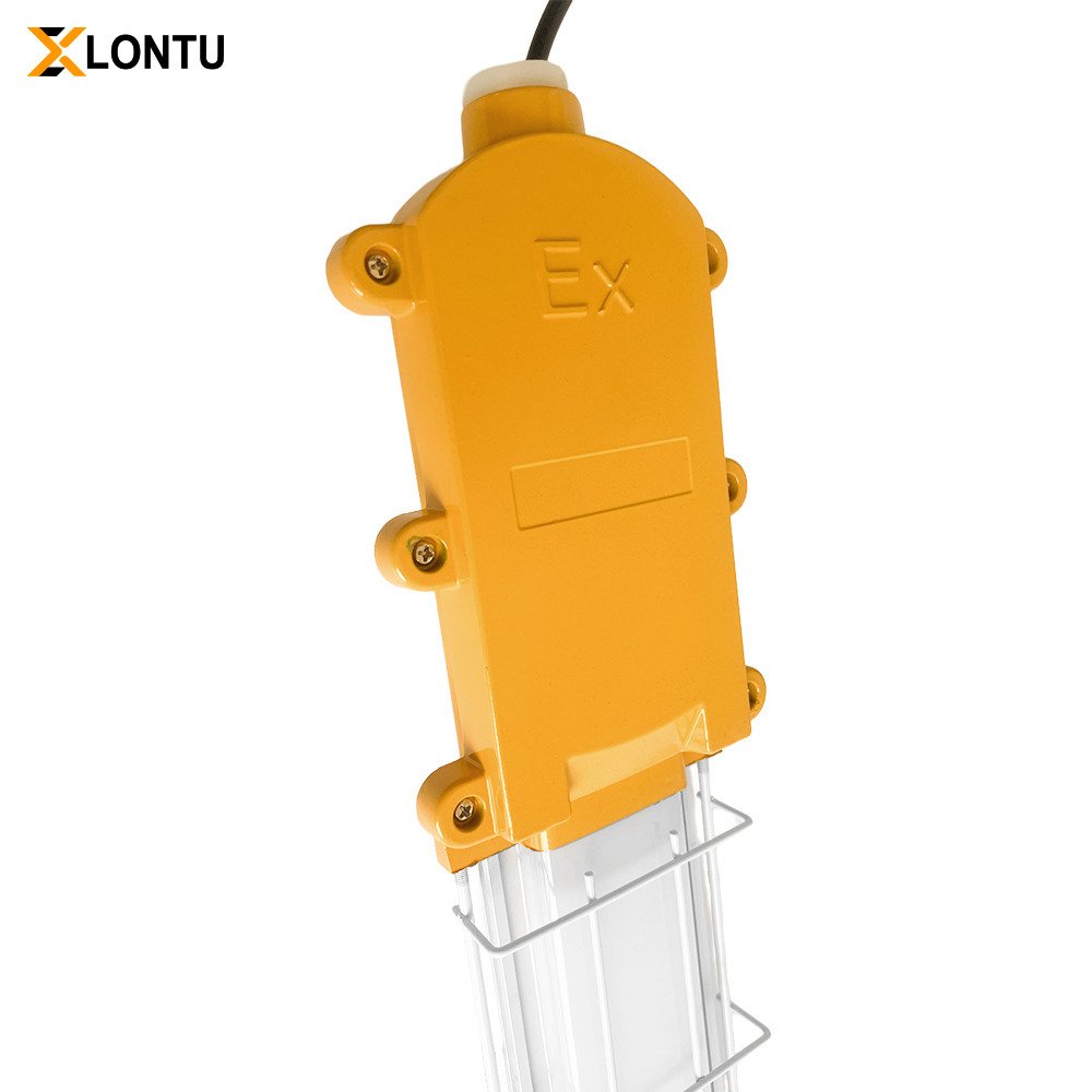 LONTU Explosion Proof Bracket Linear Light with safety wire guard, suspended mounting, ATEX IECEx certified hazardous zone fluorescent lamp for chemical mining warehouse
