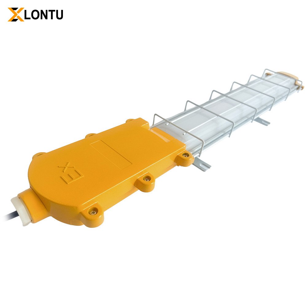 LONTU Explosion Proof Bracket Linear Light with safety wire guard, suspended mounting, ATEX IECEx certified hazardous zone fluorescent lamp for chemical mining warehouse