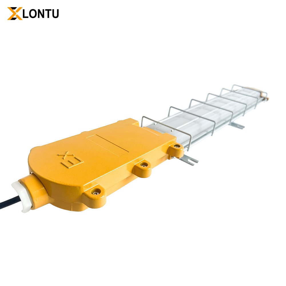 LONTU Explosion Proof Bracket Linear Light with safety wire guard, suspended mounting, ATEX IECEx certified hazardous zone fluorescent lamp for chemical mining warehouse