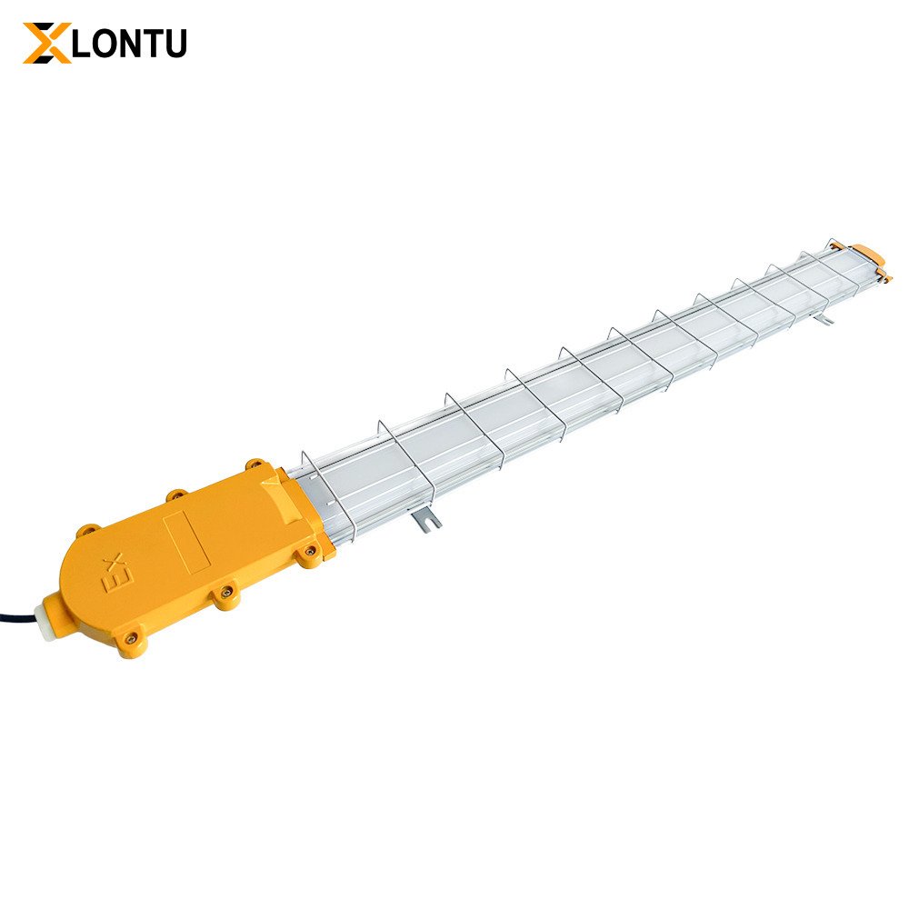 LONTU Explosion Proof Bracket Linear Light with safety wire guard, suspended mounting, ATEX IECEx certified hazardous zone fluorescent lamp for chemical mining warehouse