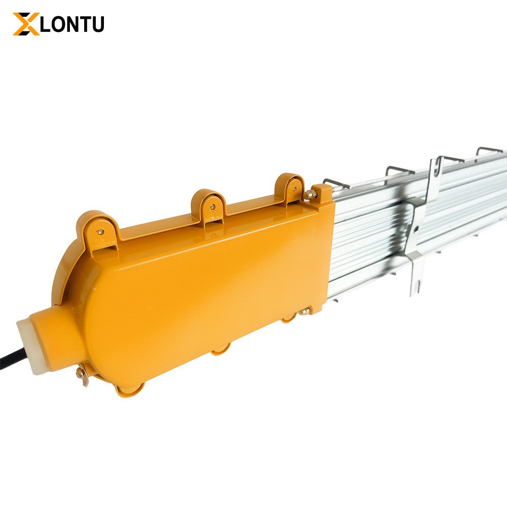 LONTU Explosion Proof Bracket Linear Light with safety wire guard, suspended mounting, ATEX IECEx certified hazardous zone fluorescent lamp for chemical mining warehouse