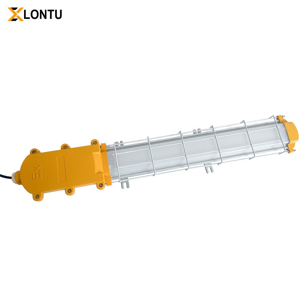 LONTU Explosion Proof Bracket Linear Light with safety wire guard, suspended mounting, ATEX IECEx certified hazardous zone fluorescent lamp for chemical mining warehouse