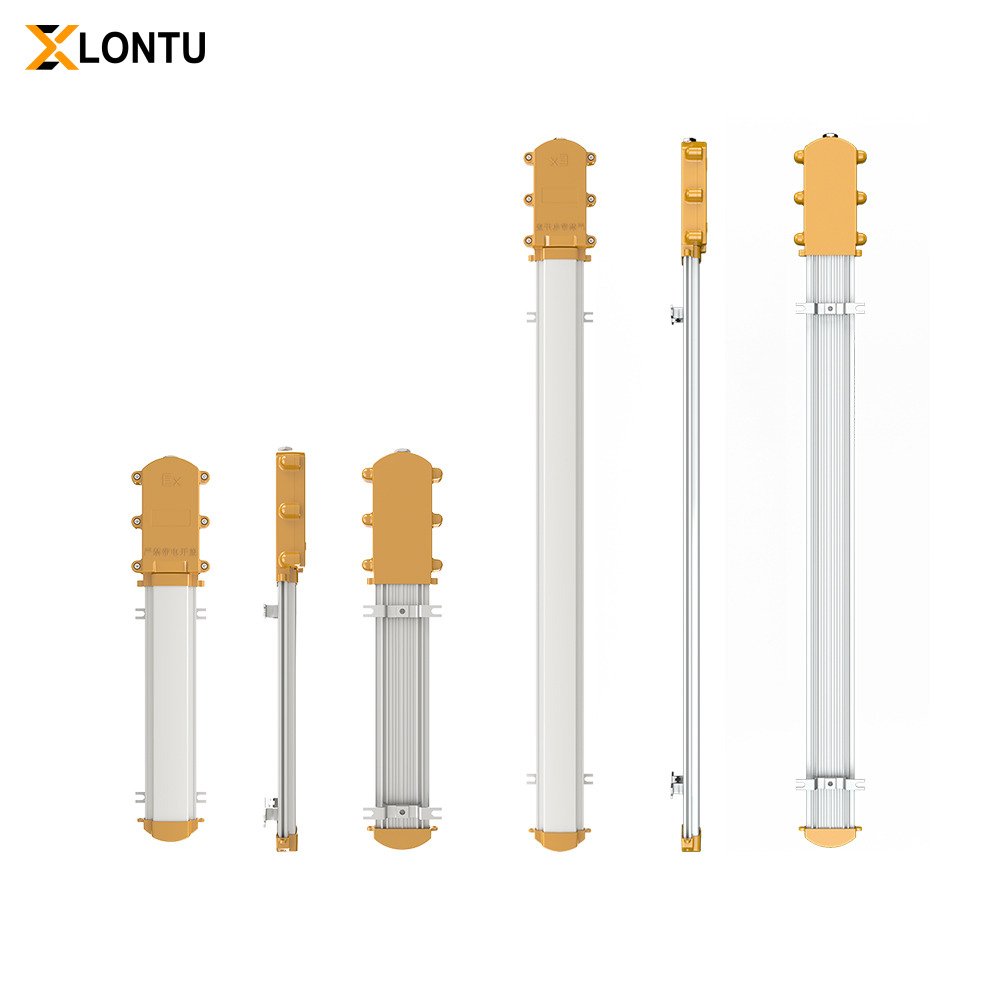 LONTU Explosion Proof Bracket Linear Light with safety wire guard, suspended mounting, ATEX IECEx certified hazardous zone fluorescent lamp for chemical mining warehouse