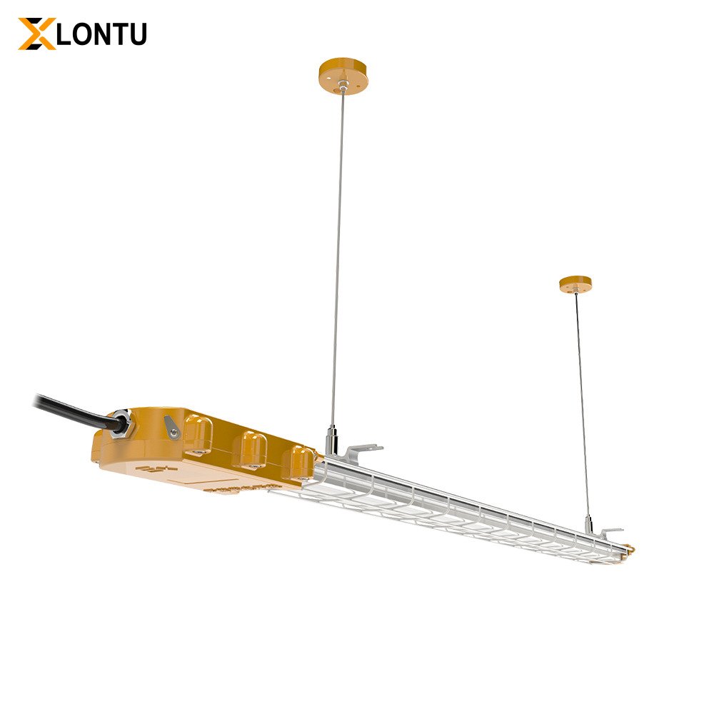LONTU Explosion Proof Bracket Linear Light with safety wire guard, suspended mounting, ATEX IECEx certified hazardous zone fluorescent lamp for chemical mining warehouse