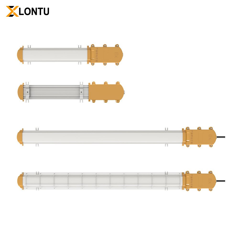 LONTU Explosion Proof Bracket Linear Light with safety wire guard, suspended mounting, ATEX IECEx certified hazardous zone fluorescent lamp for chemical mining warehouse